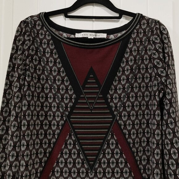 MAX STUDIO Geometric print black burgundy 3/4th sleeve top ~ XS SMALL goth shirt - Picture 3 of 15